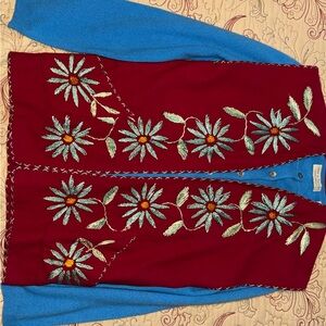 Embroidered Floral Red Vest with cashmere Blue Cardigan